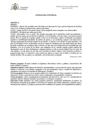 Examen de Selectividad: Literatura universal. Asturias. Convocatoria Julio 2013