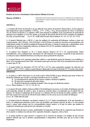 Examen de Selectividad: Química. Castilla-La Mancha. Convocatoria Septiembre 2013