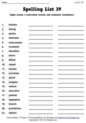 Week 29 Spelling Words (List D-29)