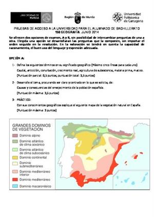 Examen de Selectividad: Geografía. Murcia. Convocatoria Junio 2014