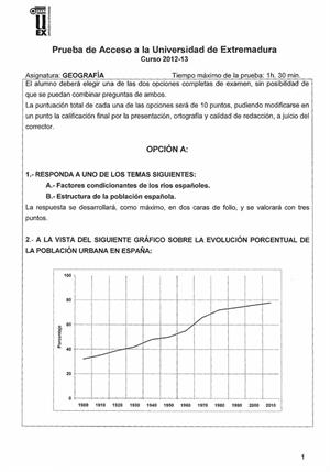 Examen de Selectividad: Geografía. Extremadura. Convocatoria Junio 2013