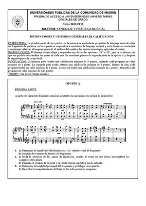 Examen de Selectividad: Lenguaje y práctica musical. Madrid. Convocatoria Junio 2013