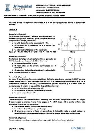 Examen de Selectividad: Electrotecnia. Aragón. Convocatoria Junio 2014