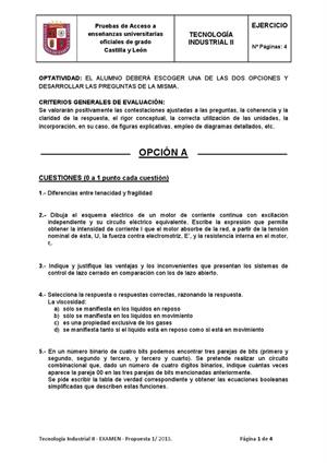 Examen de Selectividad: Tecnología industrial. Castilla y León. Convocatoria Septiembre 2013