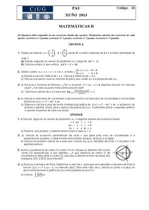 Examen de Selectividad: Matemáticas II. Galicia. Convocatoria Junio 2013