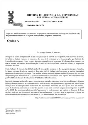 Examen de Selectividad: Francés. Comunidad Canaria. Convocatoria Junio 2014
