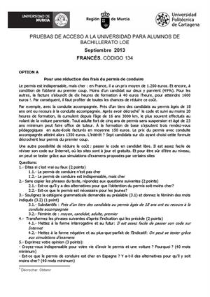 Examen de Selectividad: Francés. Murcia. Convocatoria Septiembre 2013