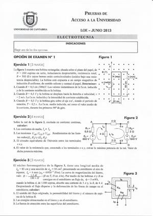 Examen de Selectividad: Electrotecnia. Cantabria. Convocatoria Junio 2013