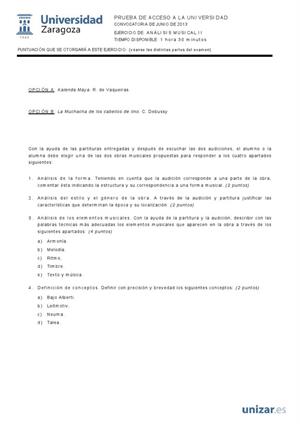 Examen de Selectividad: Análisis musical. Aragón. Convocatoria Junio 2013
