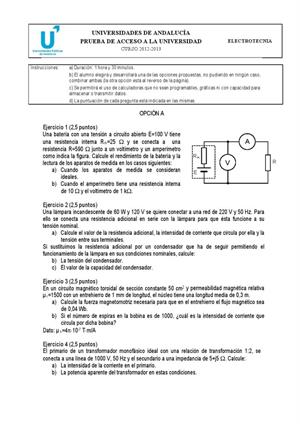Examen de Selectividad: Electrotecnia. Andalucía. Convocatoria Junio 2013
