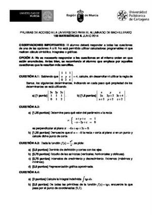 Examen de Selectividad: Matemáticas II. Murcia. Convocatoria Junio 2014