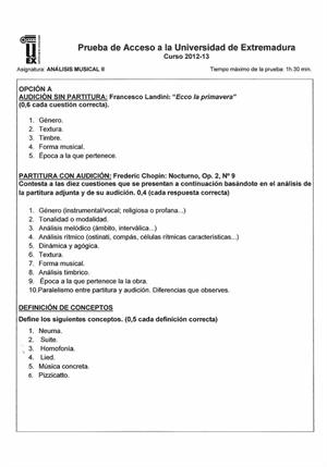 Examen de Selectividad: Análisis musical. Extremadura. Convocatoria Septiembre 2013