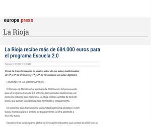 La Rioja recibe más de 684.000 euros para el programa Escuela 2.0. europapress.es