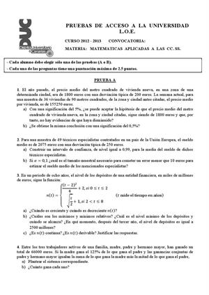 Examen de Selectividad: Matemáticas CCSS. Canarias. Convocatoria Julio 2013