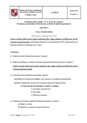 Examen de Selectividad: Latín. Castilla y León. Convocatoria Junio 2013
