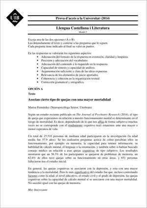 Examen de Selectividad: Lengua castellana y su literatura. Islas Baleares. Convocatoria Junio 2014