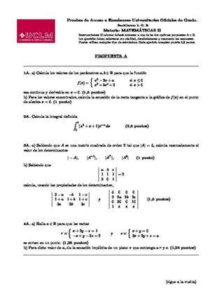 Examen de Selectividad: Matemáticas II. Castilla-La Mancha. Convocatoria Junio 2014