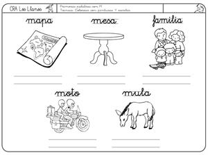 5ª Ficha de Lectoescritura de la letra M: mapa, mesa, familia, moto y mula