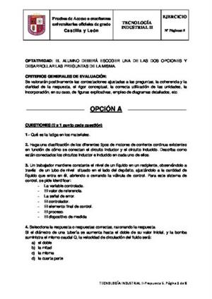 Examen de Selectividad: Tecnología industrial. Castilla y León. Convocatoria Junio 2014