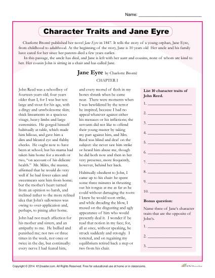 Character Traits Worksheet – Jane Eyre