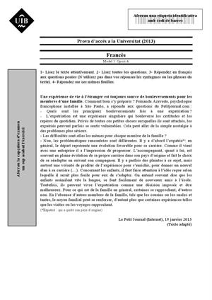 Examen de Selectividad: Francés. Islas Baleares. Convocatoria Junio 2013