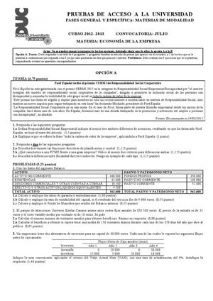 Examen de Selectividad: Economía. Canarias. Convocatoria Julio 2013