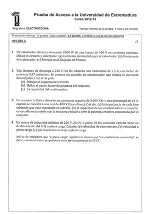 Examen de Selectividad: Electrotecnia. Extremadura. Convocatoria Septiembre 2013
