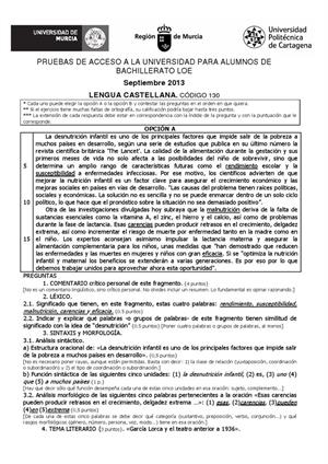 Examen de Selectividad: Lengua castellana y su Literatura. Murcia. Convocatoria Septiembre 2013