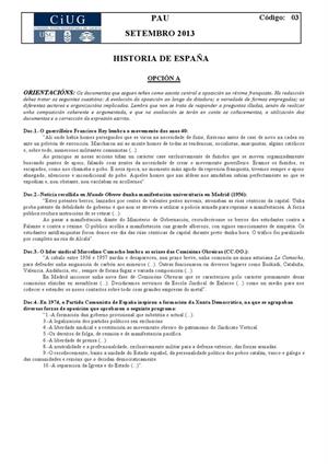 Examen de Selectividad: Historia de España. Galicia. Convocatoria Septiembre 2013