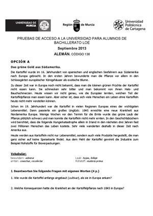 Examen de Selectividad: Alemán. Murcia. Convocatoria Septiembre 2013