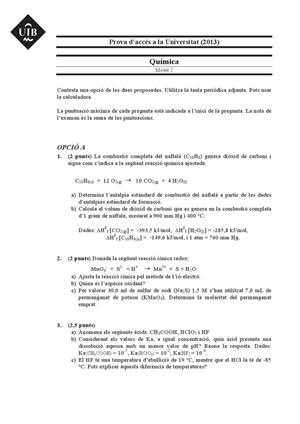 Examen de Selectividad: Química. Islas Baleares. Convocatoria Septiembre 2013