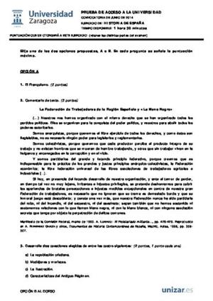 Examen de Selectividad: Historia de España. Aragón. Convocatoria Junio 2014
