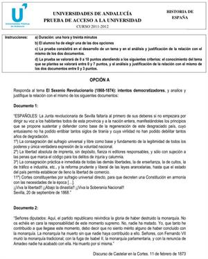 Examen de Selectividad: Historia de España 1. Andalucía. Convocatoria Junio 2012