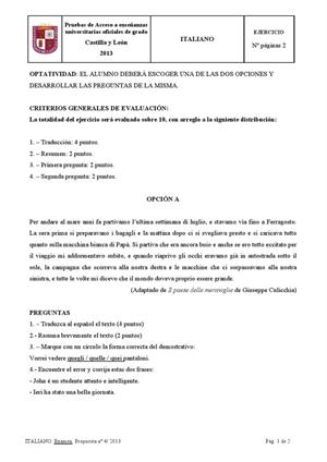 Examen de Selectividad: Italiano. Castilla y León. Convocatoria Septiembre 2013