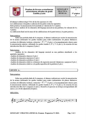 Examen de Selectividad: Lenguaje y práctica musical. Castilla y León. Convocatoria Junio 2013