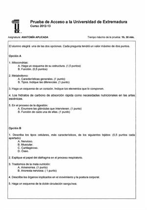 Examen de Selectividad: Anatomía aplicada. Extremadura. Convocatoria Septiembre 2013