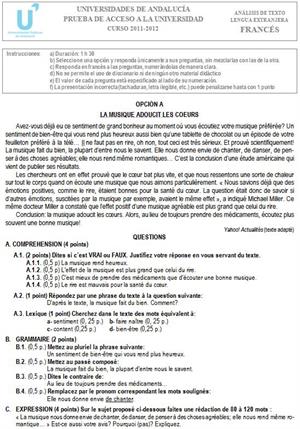 Examen de Selectividad: Francés 1. Andalucía. Convocatoria Junio 2012
