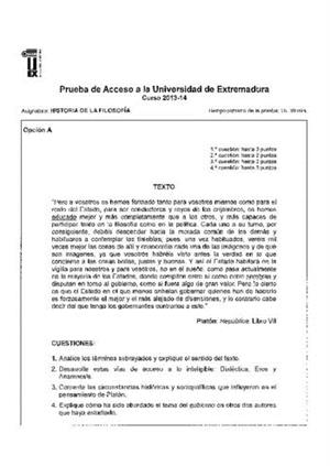 Examen de Selectividad: Historia de la filosofía. Extremadura. Convocatoria Junio 2014