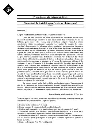 Examen de Selectividad: Lengua catalana y su Literatura. Islas Baleares. Convocatoria Septiembre 2013