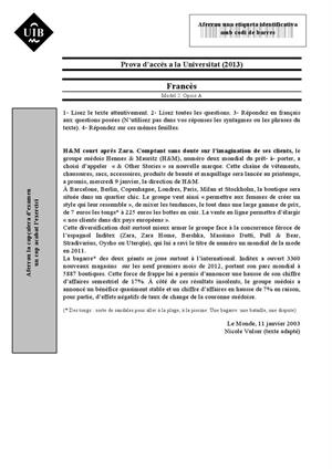 Examen de Selectividad: Francés. Islas Baleares. Convocatoria Septiembre 2013