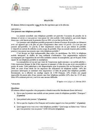 Examen de Selectividad: Francés. Asturias. Convocatoria Junio 2013