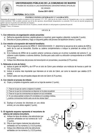 Examen de Selectividad: Biología. Comunidad de Madrid. Convocatoria Junio 2012