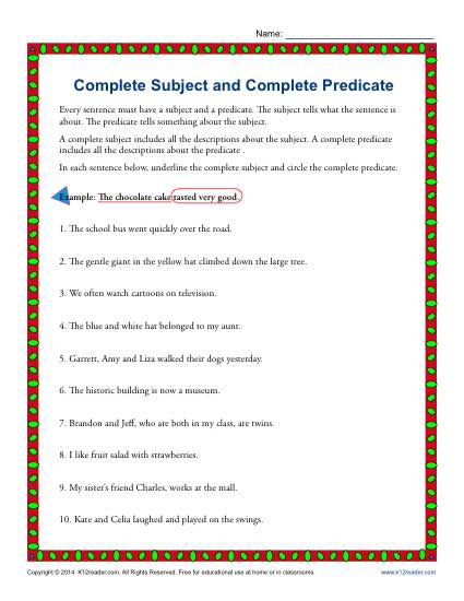 Free Printable Worksheet With Complete Subject And Complete Predicate