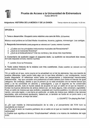Examen de Selectividad: Historia de la música y la danza. Extremadura. Convocatoria Septiembre 2013