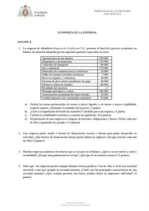 Examen de Selectividad: Economía. Asturias. Convocatoria Junio 2013