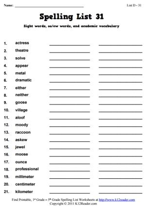 Week 31 Spelling Words (List D-31)