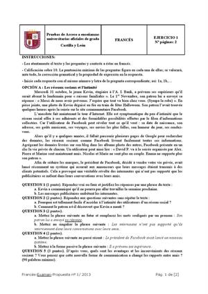 Examen de Selectividad: Francés. Castilla y León. Convocatoria Junio 2013
