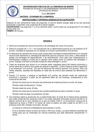 Examen de Selectividad: Economía. Madrid. Convocatoria Junio 2014