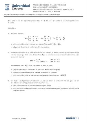 Examen de Selectividad: Matemáticas CCSS. Aragón. Convocatoria Septiembre 2013