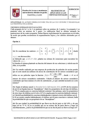 Examen de Selectividad: Matemáticas CCSS. Castilla y León. Convocatoria Junio 2013
